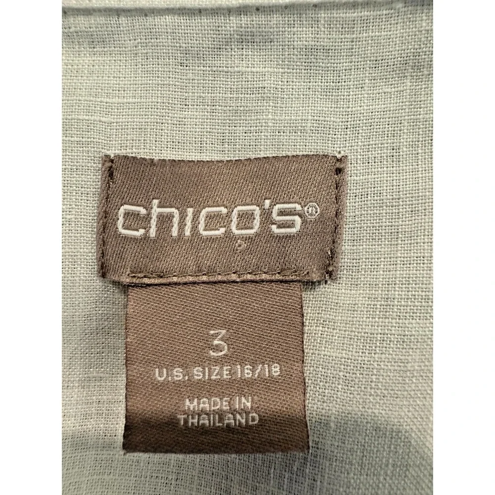 CHICOS Size 3 No Iron 100% Linen Button Up Blouse White Roll Tab Sleeve Shirt XL - Picture 5 of 9